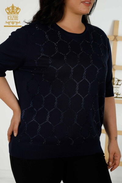 оптом женский трикотаж свитер с вышивкой камнем темно-синий - 30317 | КАЗЕЕ - Thumbnail