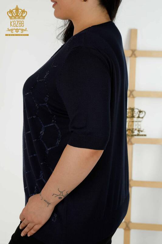 оптом женский трикотаж свитер с вышивкой камнем темно-синий - 30317 | КАЗЕЕ