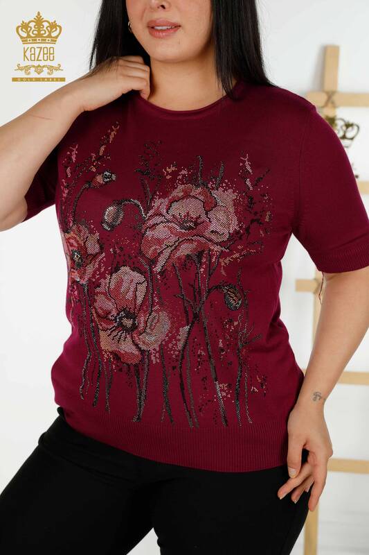 Женский трикотажный свитер оптом с цветочным узором фиолетовый - 30214 | КАZEE