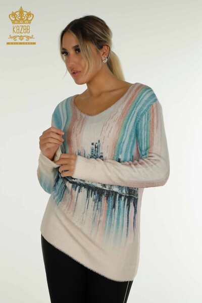 Женский свитер из ангорского трикотажа оптом с цифровой вышивкой камнями - 40019 | КАZEE - Thumbnail