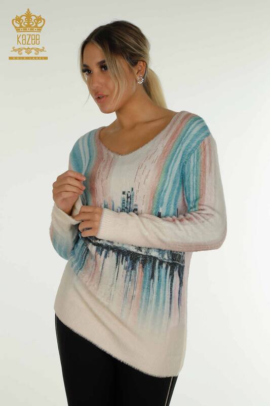 Женский свитер из ангорского трикотажа оптом с цифровой вышивкой камнями - 40019 | КАZEE