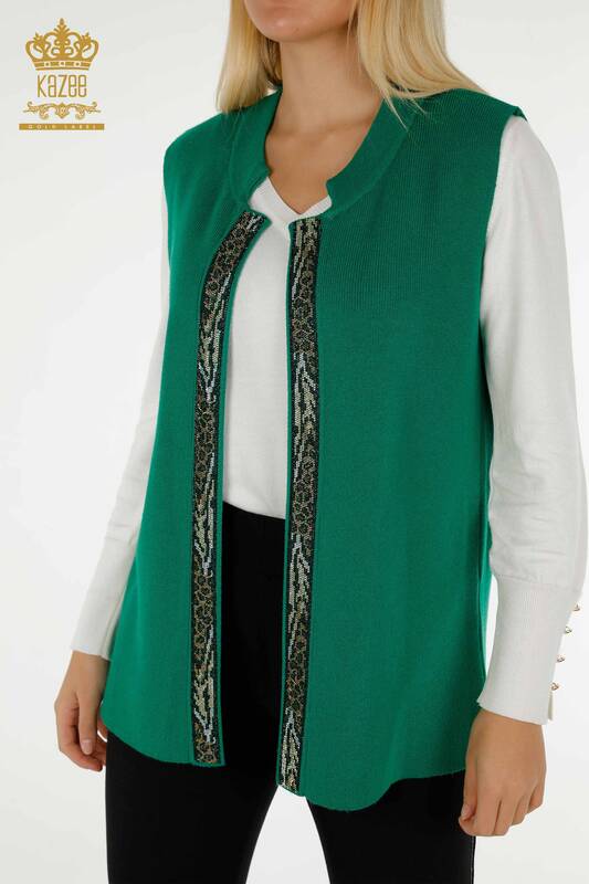 Оптовая продажа Женский короткий жилет с леопардовой вышивкой, зеленый - 30616 | КАZEE