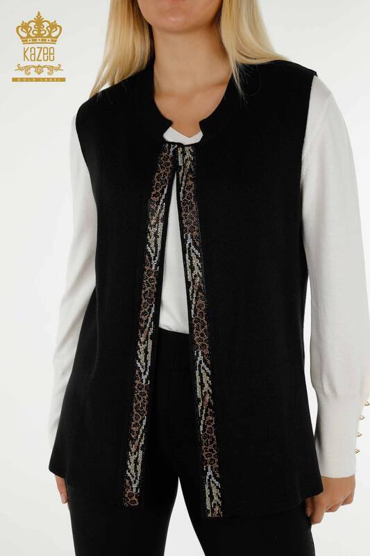 Оптовая продажа Женский короткий жилет с леопардовой вышивкой, черный - 30616 | КАZEE