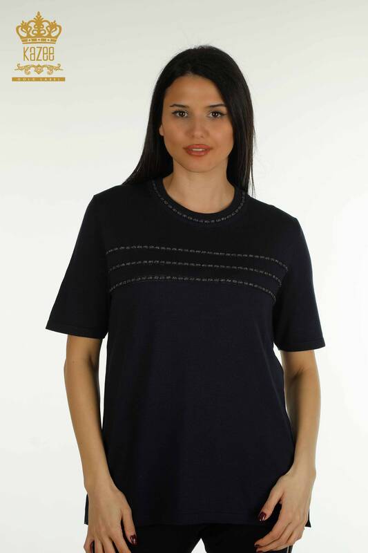 Оптовая продажа женского трикотажного свитера американской модели темно-синего цвета - 30352 | КАZEE