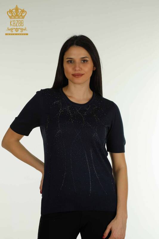 Оптовая продажа женского трикотажного свитера американской модели темно-синего цвета - 30686 | КАZEE