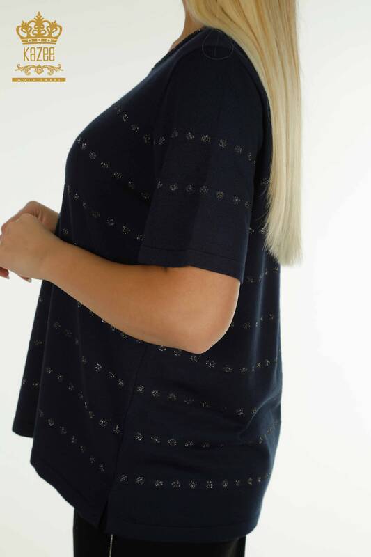Оптовая продажа женского трикотажного свитера американской модели темно-синего цвета - 30794 | КAZEE