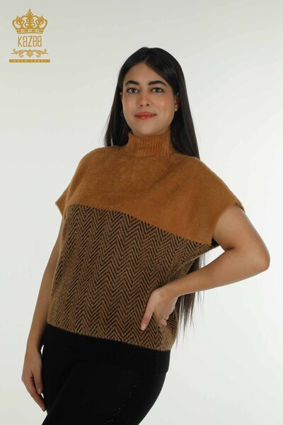 Женский вязаный свитер оптом из ангоры, двухцветный, коричневый и черный - 30187 | КАZEE - Thumbnail