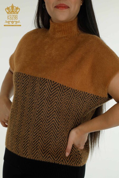 Женский вязаный свитер оптом из ангоры, двухцветный, коричневый и черный - 30187 | КАZEE - Thumbnail