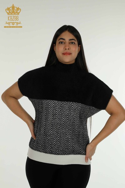 Женский вязаный свитер оптом из ангоры, двухцветный, черный, экрю - 30187 | КАZEE - Thumbnail