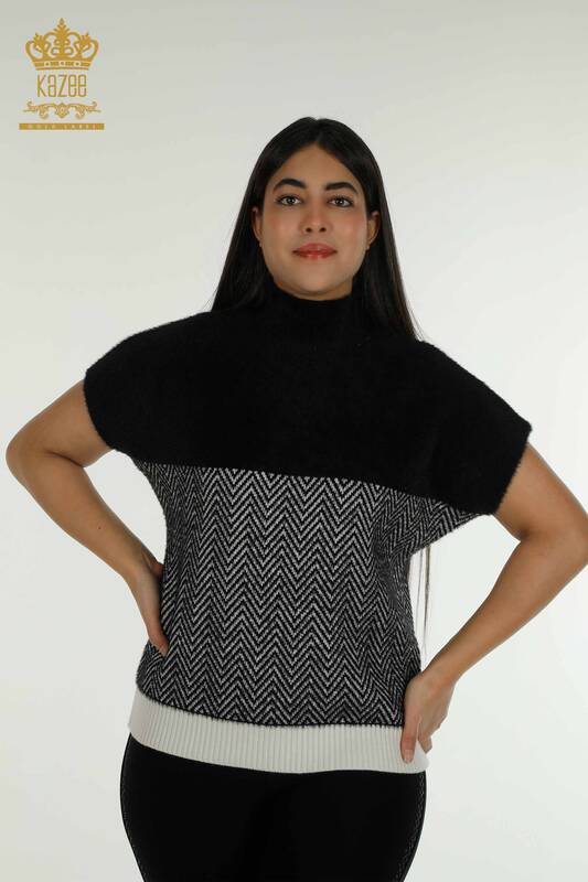 Женский вязаный свитер оптом из ангоры, двухцветный, черный, экрю - 30187 | КАZEE