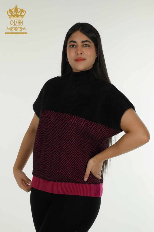 Женский вязаный свитер оптом из ангоры, двухцветный, черный, фуксия - 30187 | КАZEE