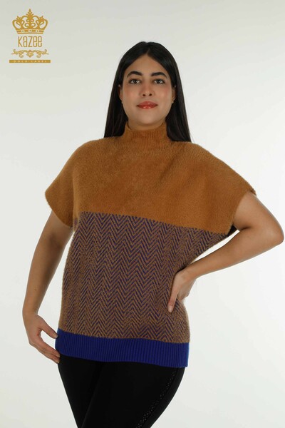 Женский вязаный свитер оптом из ангоры, двухцветный коричневый сакс - 30187 | КАZEE - Thumbnail