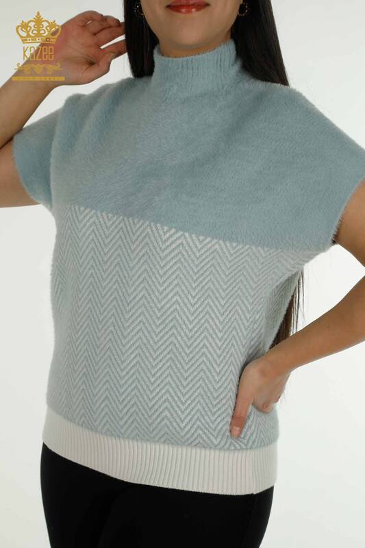 Женский вязаный свитер оптом из ангоры, двухцветный, мятно-бежевый - 30187 | КАZEE