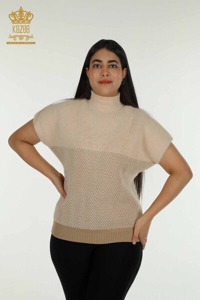 Женский вязаный свитер оптом из ангоры, двухцветный пудровый бежевый - 30187 | КАZEE - Thumbnail