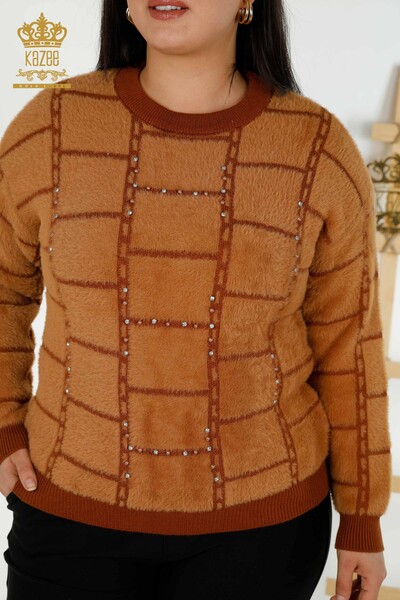 Женский свитер из ангорского трикотажа оптом с вышивкой коричневого цвета - 30209 | КАZEE - Thumbnail
