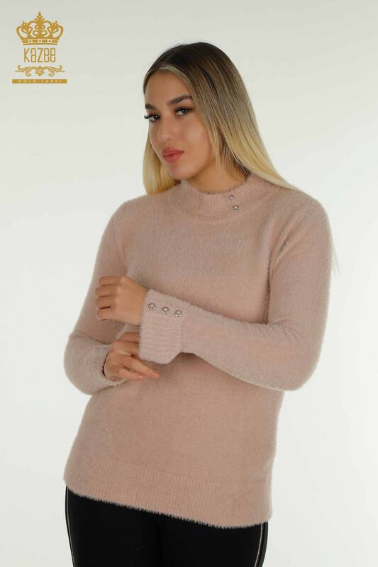 Оптовая продажа женского трикотажного свитера из ангоры с пуговицами розового цвета - 30667 | КAZEE