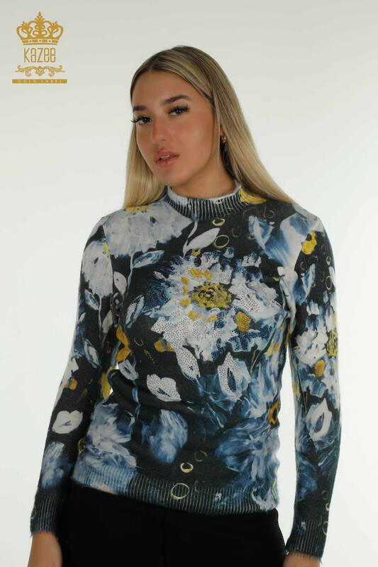 Женский вязаный свитер из ангоры с длинным рукавом оптом, цифровой - 40041 | КАZEE