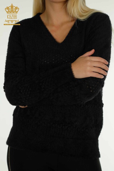 Kazee - Женский вязаный свитер оптом из ангоры с V-образным вырезом, черный - 30697 | КAZEE (1)