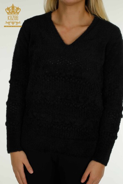 Женский вязаный свитер оптом из ангоры с V-образным вырезом, черный - 30697 | КAZEE - Thumbnail (2)
