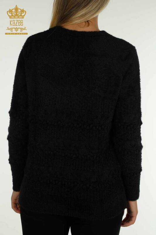 Женский вязаный свитер оптом из ангоры с V-образным вырезом, черный - 30697 | КAZEE