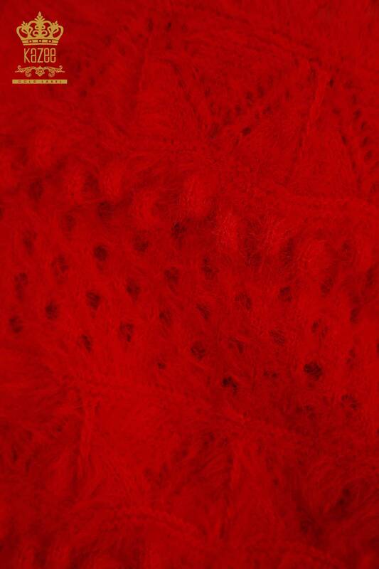 Женский вязаный свитер оптом из ангоры с V-образным вырезом, красный - 30697 | КАZEE