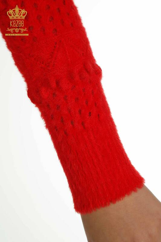Женский вязаный свитер оптом из ангоры с V-образным вырезом, красный - 30697 | КАZEE
