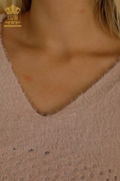 Женский вязаный свитер из ангоры с V-образным вырезом оптом Пудра - 30697 | КАZEE - Thumbnail (2)