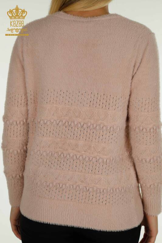 Женский вязаный свитер из ангоры с V-образным вырезом оптом Пудра - 30697 | КАZEE