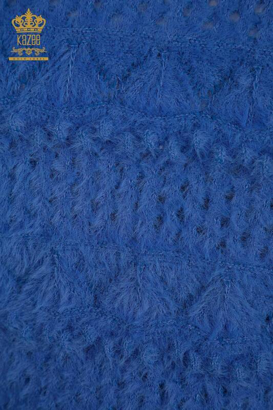 Женский вязаный свитер оптом из ангоры, синий с V-образным вырезом - 30697 | КАZEE