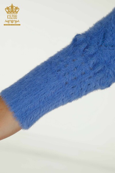 Женский вязаный свитер оптом из ангоры, синий с V-образным вырезом - 30697 | КАZEE - Thumbnail