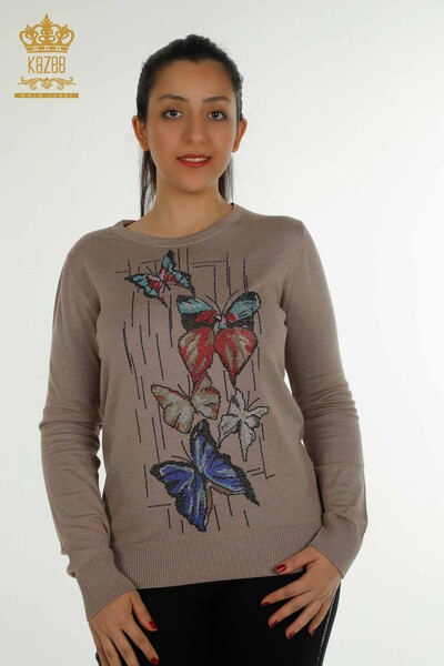 Женский вязаный свитер оптом из норки с вышивкой бабочкой - 30215 | КАZEE - Thumbnail