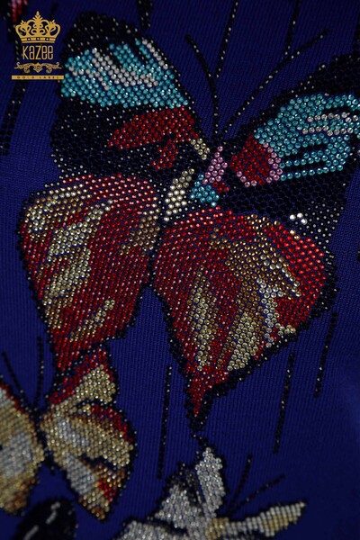 Женский вязаный свитер оптом Сакс с вышивкой бабочкой - 30215 | КАZEE - Thumbnail