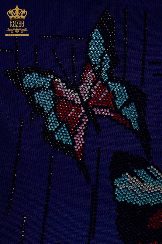 Женский вязаный свитер оптом Сакс с вышивкой бабочкой - 30215 | КАZEE