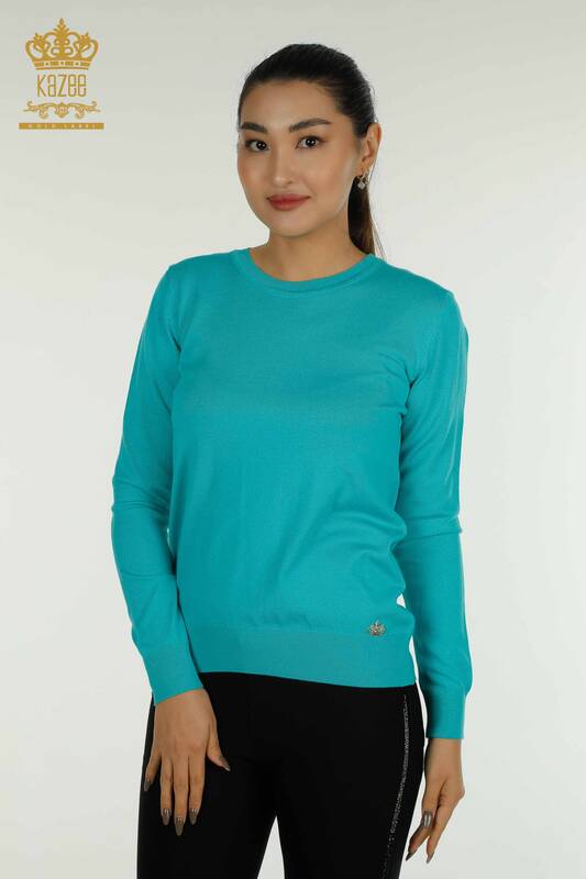 Женский вязаный свитер оптом с бирюзовым логотипом - 11052 | КАZEE