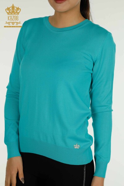 Женский вязаный свитер оптом с бирюзовым логотипом - 11052 | КАZEE - Thumbnail