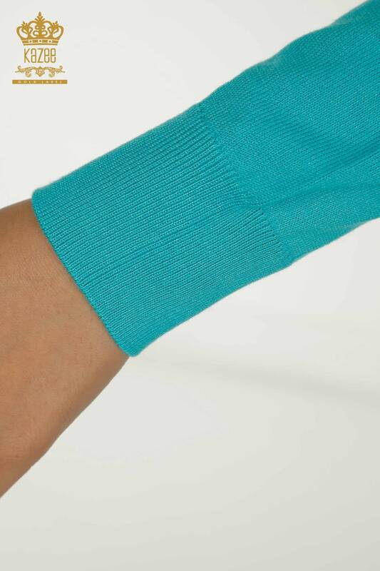 Женский вязаный свитер оптом с бирюзовым логотипом - 11052 | КАZEE