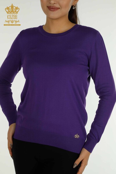 Базовый женский вязаный свитер с логотипом фиолетового цвета оптом - 11052 | КАZEE - Thumbnail