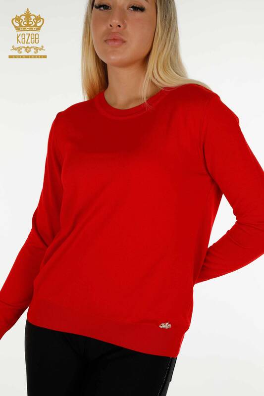 Женский вязаный свитер оптом, базовый красный с логотипом - 11052 | КАZEE