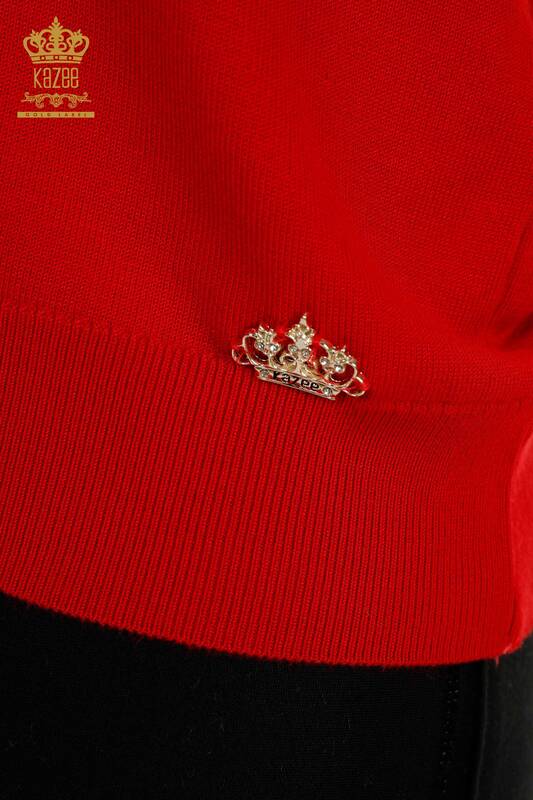 Женский вязаный свитер оптом, базовый красный с логотипом - 11052 | КАZEE