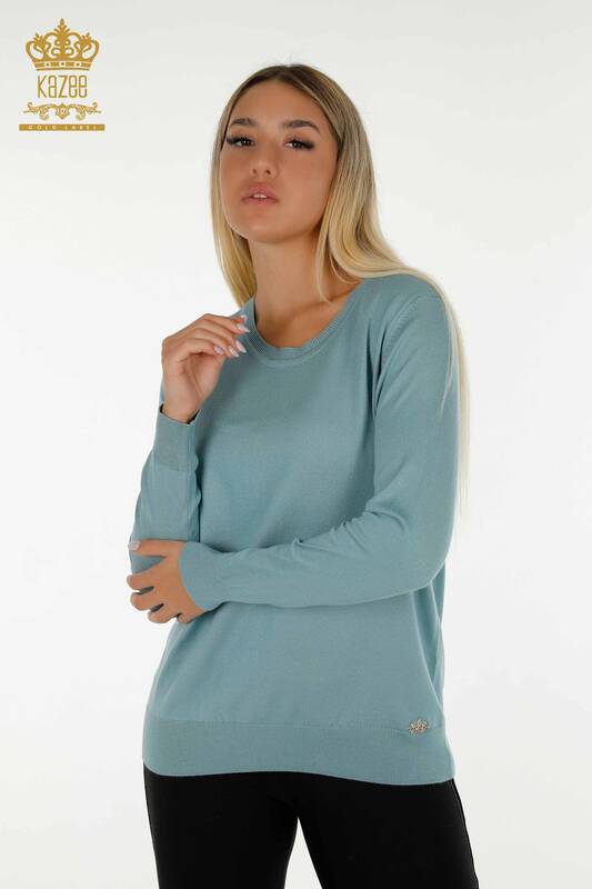 Женский вязаный свитер базовый мятный с логотипом оптом - 11052 | КАZEE