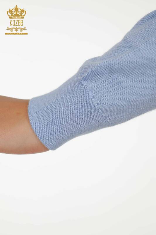 Женский вязаный свитер базового синего цвета с логотипом оптом - 11052 | КАZEE