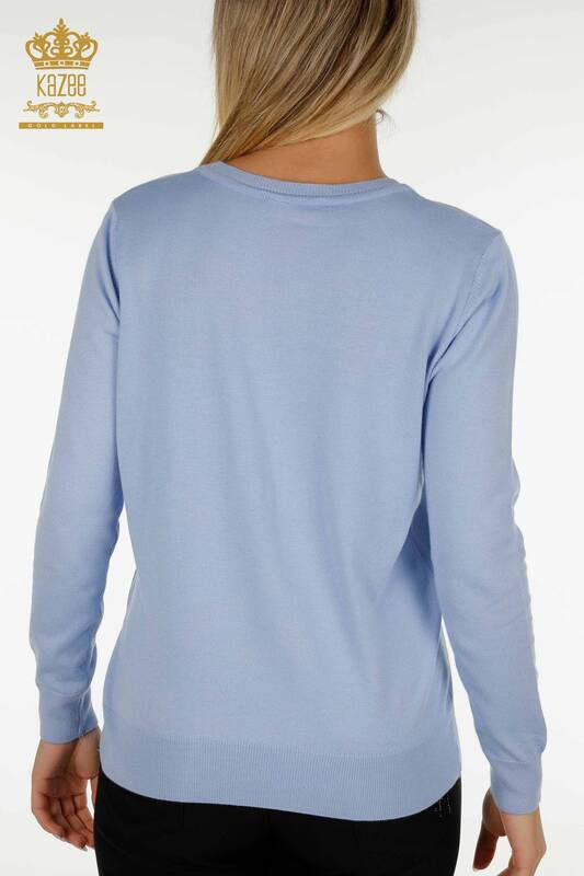 Женский вязаный свитер базового синего цвета с логотипом оптом - 11052 | КАZEE