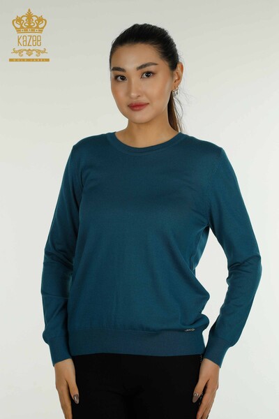 Женский трикотаж оптом, базовый темно-зеленый свитер с логотипом - 11052 | КАZEE - Thumbnail