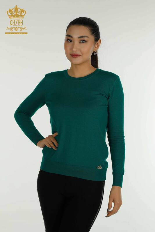 Женский вязаный свитер базового зеленого цвета с логотипом оптом - 11052 | КАZEE