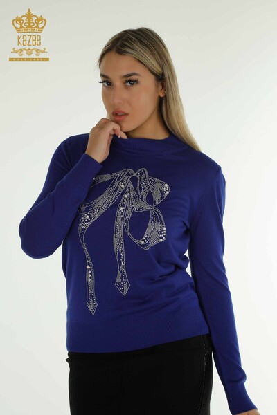 Женский вязаный свитер оптом с вышивкой из бисера Сакс - 30672 | КАZEE - Thumbnail