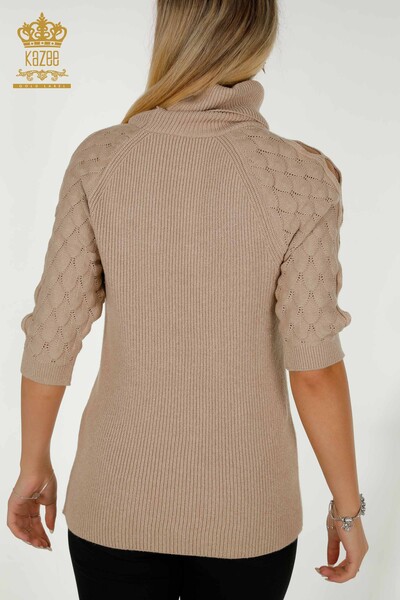 Женский вязаный свитер оптом с воротником-водолазкой, темно-бежевый - 30560 | КАZEE - Thumbnail