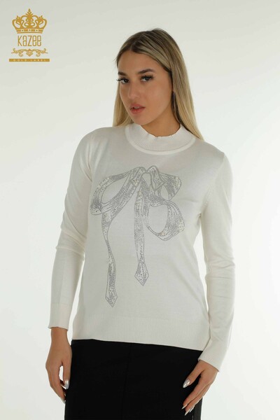 Женский вязаный свитер оптом с вышивкой бисером, экрю - 30672 | КАZEE - Thumbnail
