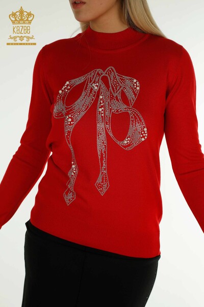 Женский вязаный свитер оптом, красный с вышивкой бисером и камнями - 30672 | КАZEE - Thumbnail