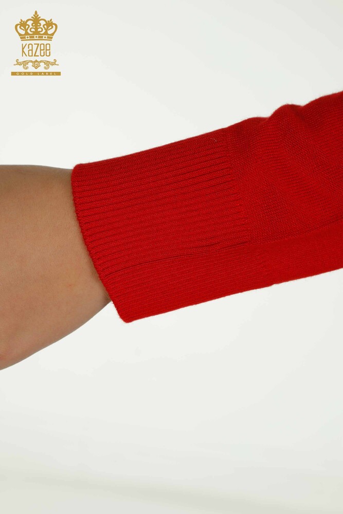 Женский вязаный свитер оптом, красный с вышивкой бисером и камнями - 30672 | КАZEE - 7