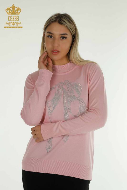 Женский вязаный свитер оптом, розовый с вышивкой бисером и камнями - 30672 | КАZEE